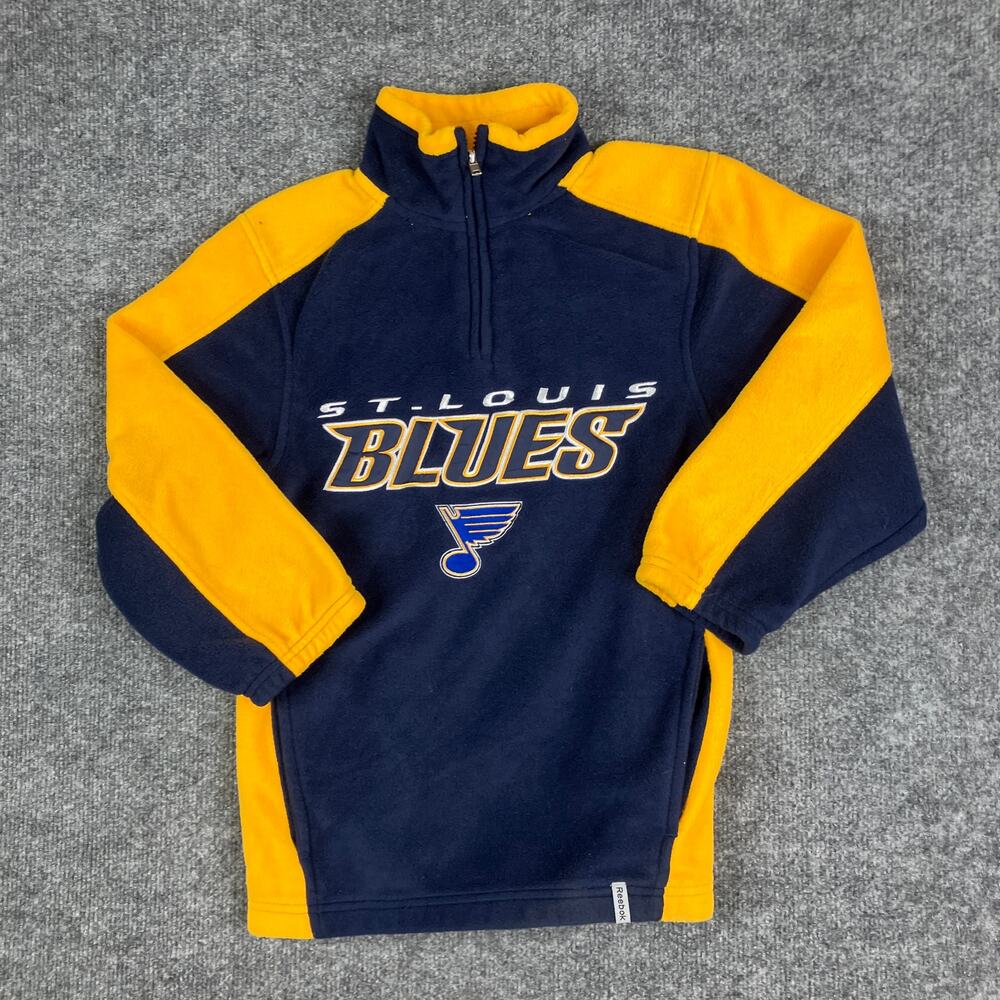 Reebok St Louis Blues Fleece Pullover Boys Size S Navy Yellow‎ NHL Quarter Zip